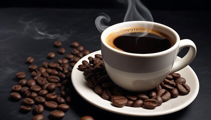Steaming Cup of Freshly Brewed Coffee with Roasted Beans on White Saucer, Perfect for Morning Rituals and Coffee Lovers