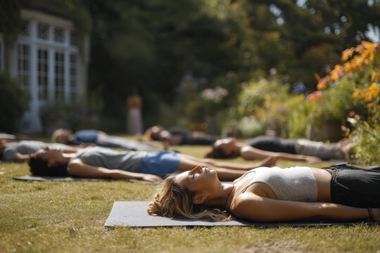 People enjoying outdoor yoga on a beautiful, sunny summer day in a peaceful setting.