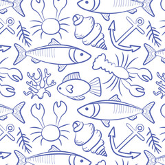 Seamless marine pattern with fish, crabs, jellyfish, shells and anchors in blue outline style. Ideal for underwater, sea life or beach-themed design.