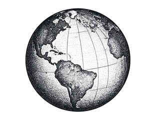 Planet Earth globe in vintage stipple engraving style illustration isolated on white background

