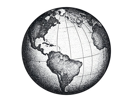 Planet Earth globe in vintage stipple engraving style illustration isolated on white background
