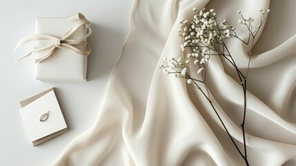 Elegant Still Life Featuring Gift Box, Greeting Card, and Delicate Baby's Breath on Luxurious Satin Fabric Creates a Timeless Aesthetic.