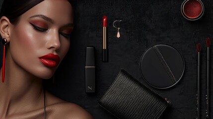 Elegant model showcases red lipstick, eyeshadow, with black accessories, creating a striking contrast on a textured, dark background enhancing the product's visual appeal.