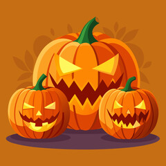 Three spooky jack o lanterns glowing with scary faces on halloween night