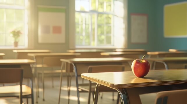 Classroom with Red Apple on Desk - Peaceful Education Environment for Learning and Focus