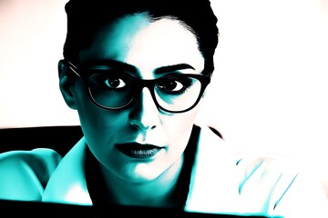 Close-up portrait of a woman wearing eyeglasses.