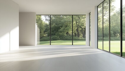 Obraz premium Bright, minimalist interior with large windows overlooking a garden