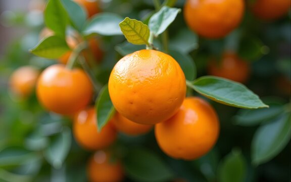 close up botanical background of ripened tangerine oranges in a garden. High quality