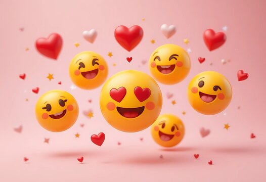 Happy Emoji Hearts Floating in a Pink Background. A playful and cheerful image featuring various happy emoji faces, winking emoji, and hearts floating against a soft pink background.