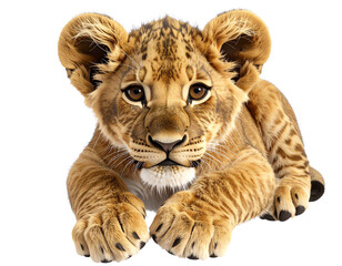 Obraz premium Top View 3D Illustration of Lion Cub Lying Down with Paws Crossed, isolated on transparent background PNG 