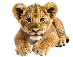 Top View 3D Illustration of Lion Cub Lying Down with Paws Crossed, isolated on transparent background PNG 