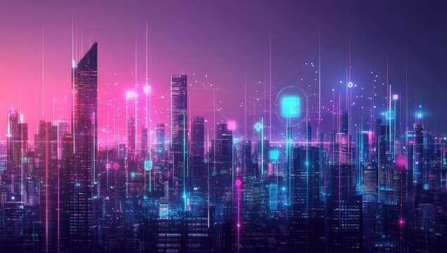 Futuristic city skyline at twilight, vibrant digital overlays