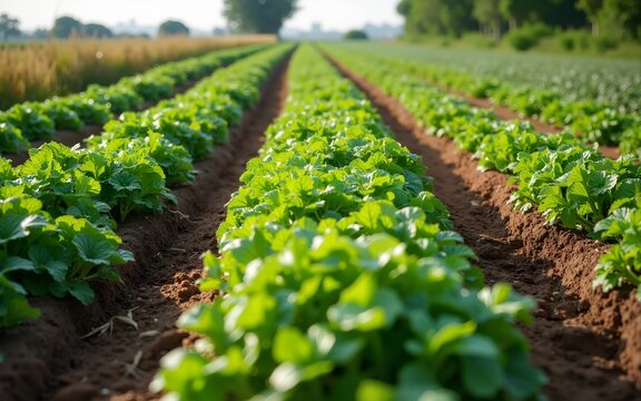 Rows of diverse crops in an organic farm, featuring rich greens and earthy browns, represent sustainability. High quality - Powered by Adobe