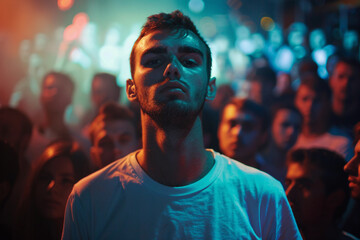 Energetic performer on stage under dramatic lighting, surrounded by an enthusiastic audience at a live event – generative AI