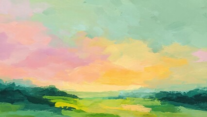 緑の丘とオレンジの夕空の抽象画_1