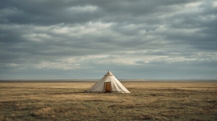 Minimalist landscape with a single white canvas tent standing in an open dry plain under a cloudy sky ideal for travel visuals, off-grid living themes and eco-camping design