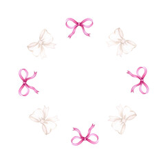 Frame with pink and white bows. Round frame with space for text. Design of postcards or invitations. Cute watercolor bows.