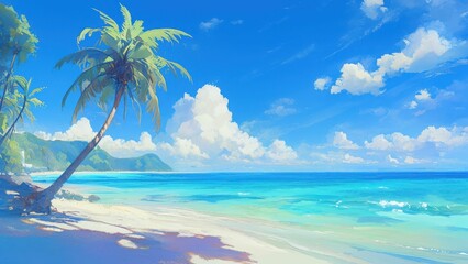 ヤシの木と青い海が広がる南国ビーチのイラスト_5