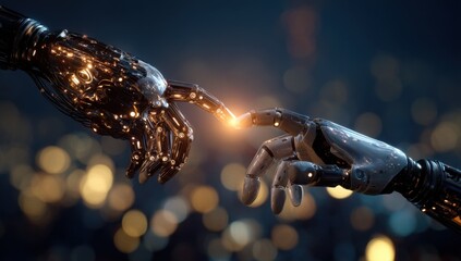 Robotic Hands Touching Fingers With Glowing Light, Symbolizing Artificial Intelligence and Technological Innovation for Digital Transformation in Business : Generative AI