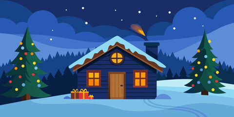 Fototapeta premium Christmas winter landscape with snow-covered houses, trees, and stars, perfect for a festive holiday night illustration or card