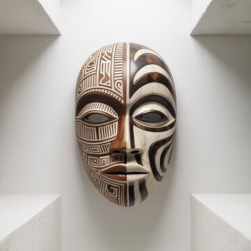 Ornate Wooden African Mask With Intricate Carvings On A White Wall.