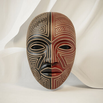 Decorative African Mask With Intricate Geometric Patterns On Neutral Fabric