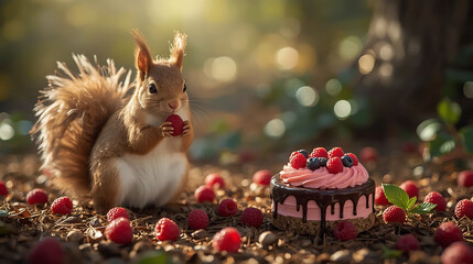 A charming squirrel in a magical forest clearing, holding a raspberry, is surrounded by a pink cake and a fairytale-like atmosphere, enchanting with realistic textures and lighting.