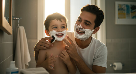 Father and Son Shaving Together in Bathroom.