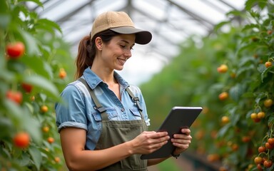 Woman farmer with digital tablet in cherry tomatoes greenhouse. Smart organic farm. High quality