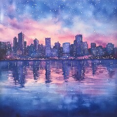 Fototapeta premium Watercolor cityscape at twilight, reflected in water. Stars and soft colors paint a dreamy urban scene