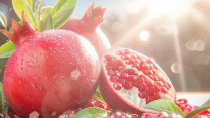 Ripe wet pomegranates at bright sunshine image closeup. Harvesting delicious exotic fruits in sunrise garden close-up photography. Healthy snack for dessert concept photo realistic