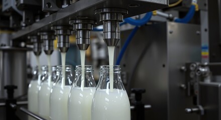 Automated milk bottling production line industrial facility glass bottles. Robotic filling system dairy manufacturing plant technology. Food processing concept