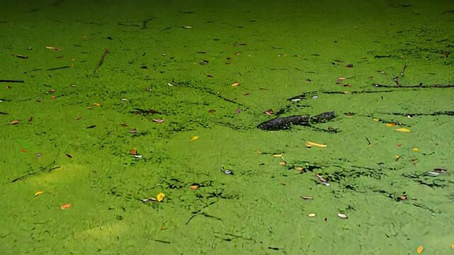 Sunlight filtering through duckweed covering swamp water with fallen leaves and branches