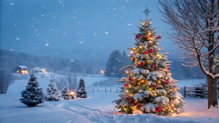 Christmas Tree with Snow and Garland Lights &ndash; Festive Holiday Widescreen Background


