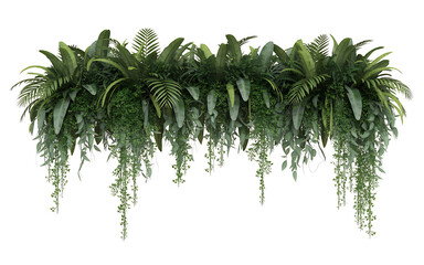 Lush hanging greenery with various tropical plants and cascading vines