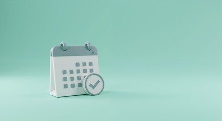 Calendar checkmark turquoise background scheduling reminder. Date planning organization time management. Appointment booking concept