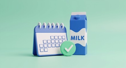 Calendar milk carton checkmark green background. Dairy product expiration date freshness tracking. Food safety scheduling concept