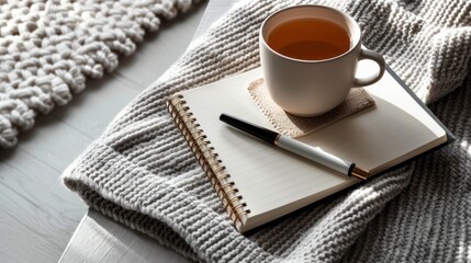 Serene Composition Featuring Warm Tea, Open Notebook, and Elegant Pen Resting on a Cozy Knitted Blanket, Bathed in Soft Sunlight