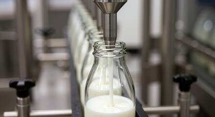 Automated milk bottling production line industrial facility glass bottles. Robotic filling system dairy manufacturing plant technology. Food processing concept