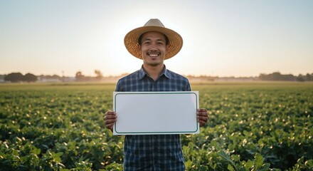 Asian farmer holding blank tablet field green crops smiling. Male agricultural worker technology rural countryside. Digital farming concept