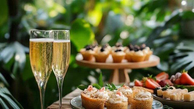 Elegant outdoor brunch setup with sparkling wine and gourmet desserts amid lush greenery