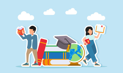 Young man and woman reading books around a stack of books globe and graduation cap illustration of the importance of literacy to support school or university graduation