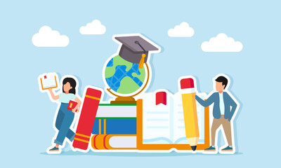Man holding a pencil near an open book and young woman reading near a stack of books globe and graduation cap illustration of literacy to support school or university graduation