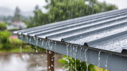 Rainwater flows down from a gray corrugated metal roof, rain falling on a metal roof, creating streams of water.