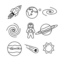 space theme. A set of symbols of the solar system. It depicts the planet earth, an astronaut, jupiter, saturn, the sun, the milky way and a rocket. In cartoon style.vector illustration EPS10