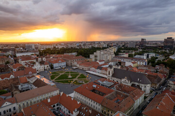 Aerial drone image of Union Square in Timisoara, Romania, during sunset