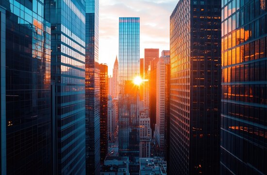 Fototapeta City skyline at sunrise, seen from a high vantage point between skyscrapers.  Golden light streams through the gaps between modern buildings