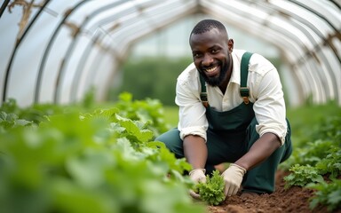 Happy African man farmer growing organic vegetable on agriculture farm field in greenhouse garden. Male gardener working nature and gardening healthy food for sustainable living and small business.
