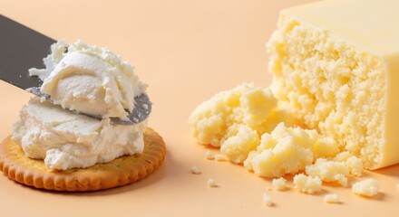 Cheese crackers cottage crumbs beige background dairy products. White creamy texture appetizer snack food. Culinary delicatessen concept