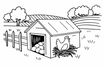 Charming countryside scene featuring a chicken coop hen and egg nest © AKHI